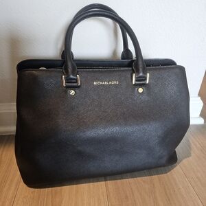 Michael Kors Black Leather Top-Handle Satchel with Gold Hardware